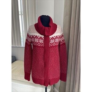 Eddie Bauer Sz S Fair Isle Birdsey Cardigan Sweater Red & Cream Lambswool Nordic